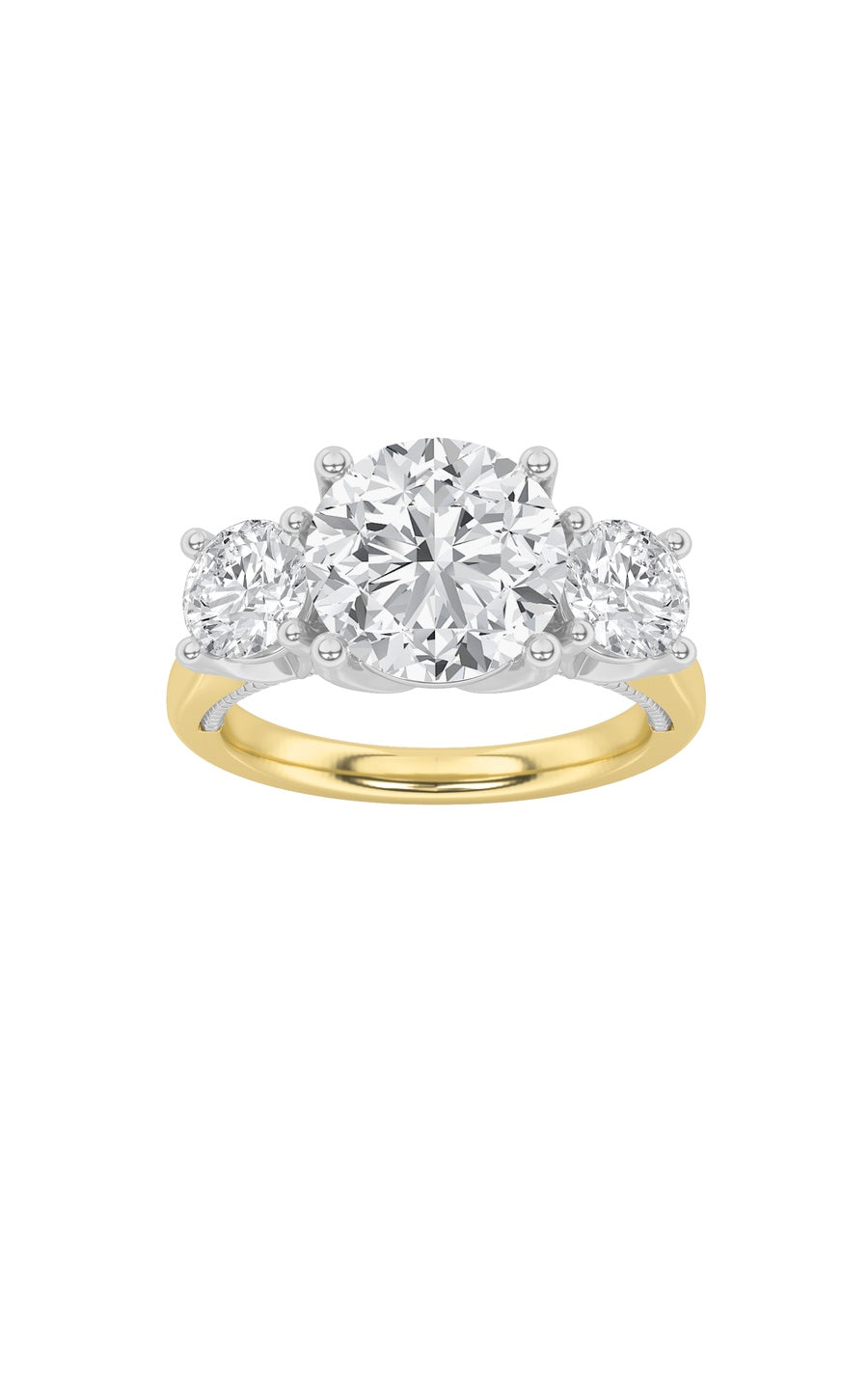 4Cttw Round Shaped Lab Grown Diamond (F/VS) Accented Three Stone Ring in 14K Gold