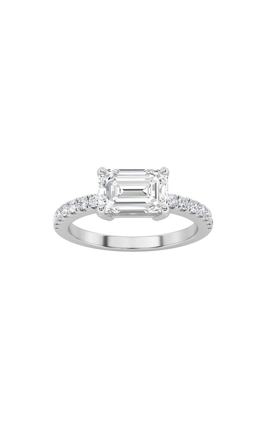 1.5Cttw Emerald Shaped Lab Grown Diamond (F/VS) East West Accented Ring in 14K Gold