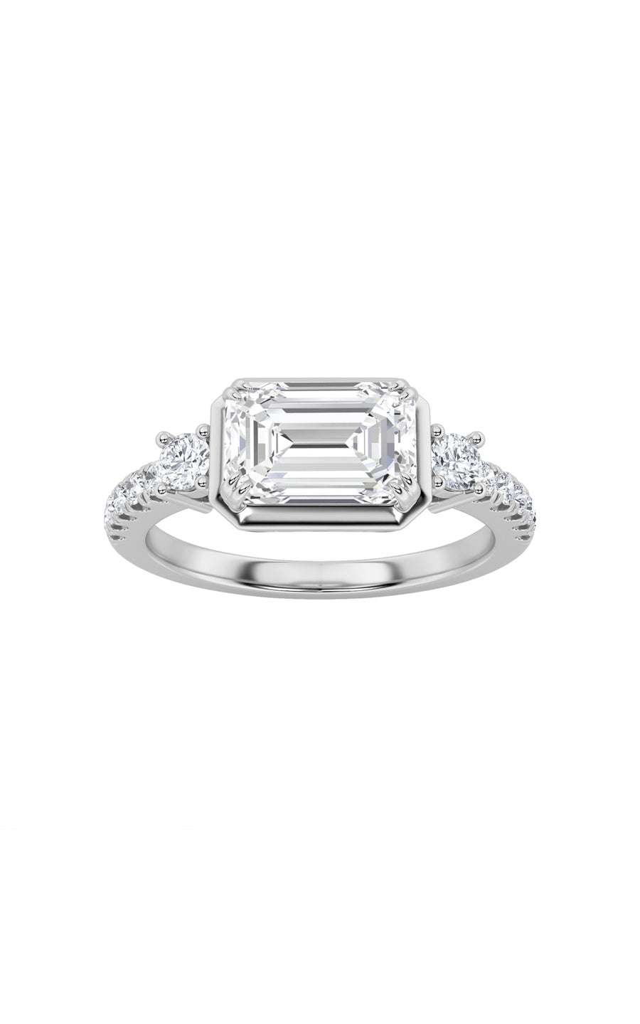 2Cttw Emerald Shaped Lab Grown Diamond (F/VS) EastWest Accented Three Stone Ring in 14K Gold