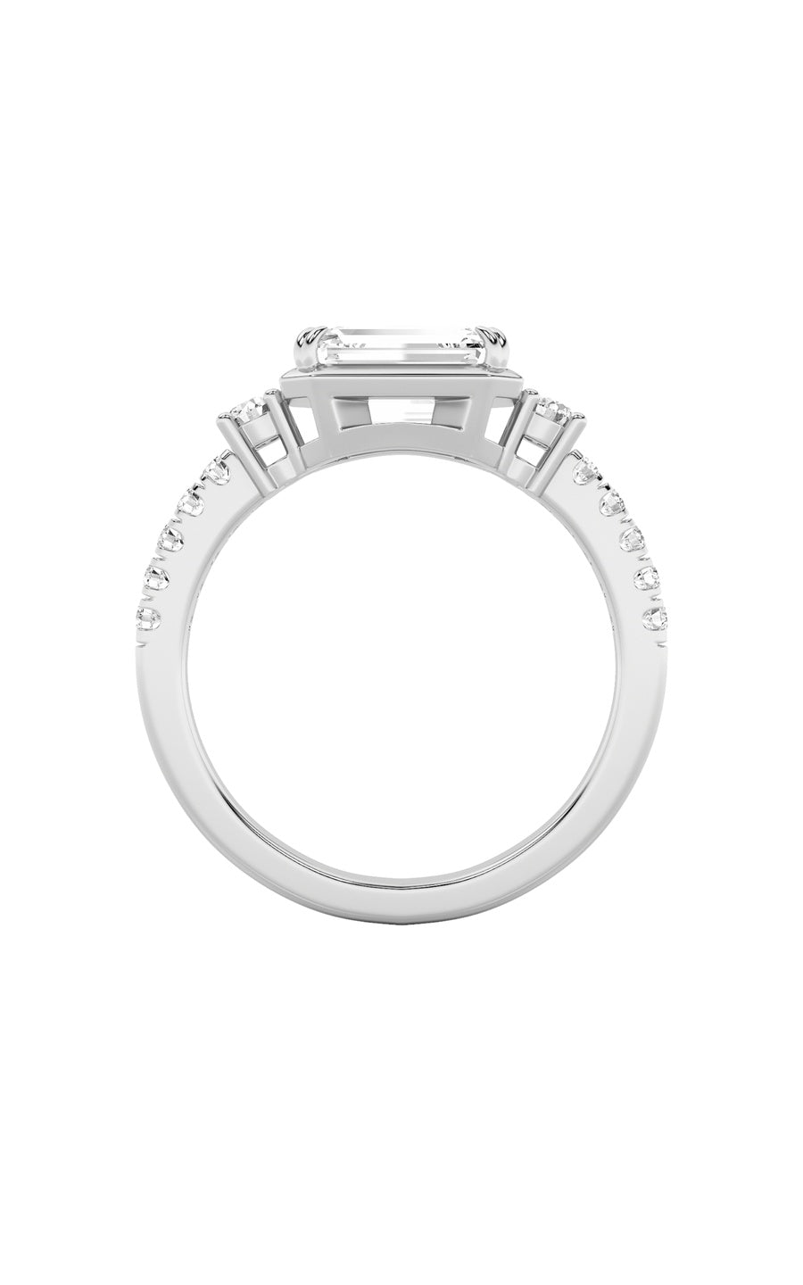 2Cttw Emerald Shaped Lab Grown Diamond (F/VS) EastWest Accented Three Stone Ring in 14K Gold