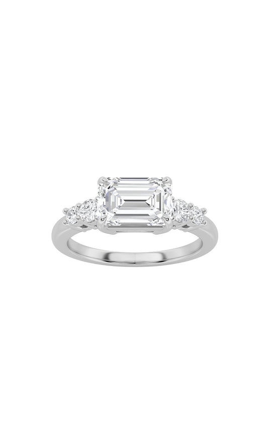 1.5Cttw Emerald Shaped Lab Grown Diamond (F/VS) East West Accented Three Stone Ring in 14K Gold