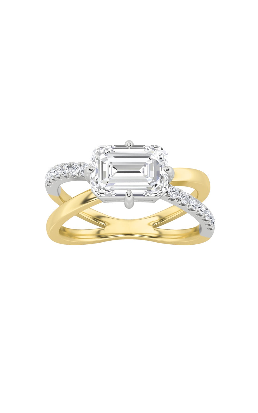 2Cttw Emerald Shaped Lab Grown Diamond (F/VS) EastWest Accented Solitaire Ring in 14K Gold