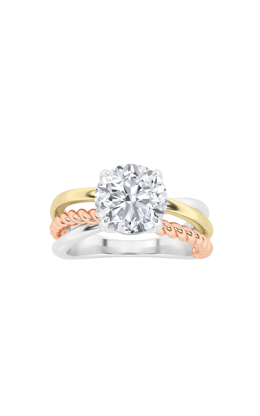 2Cttw Round Shaped Lab Grown Diamond (F/VS) Tri Color Solitaire Engagement Ring in 14K Gold