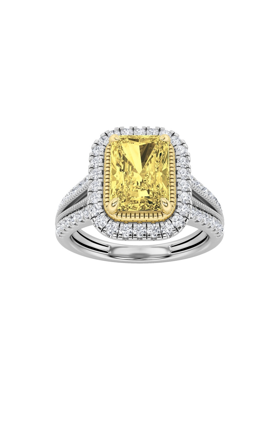 2.5Cttw Radiant Shaped Fancy Yellow Lab Grown Diamond (F/VS) Split Shank Halo Engagement Ring in 14KGold
