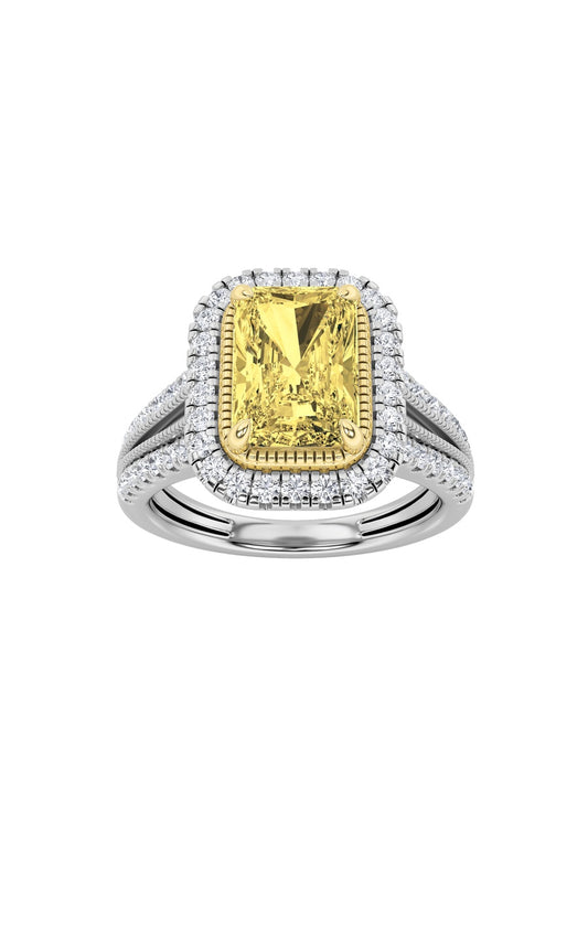 2.5Cttw Radiant Shaped Fancy Yellow Lab Grown Diamond (F/VS) Split Shank Halo Engagement Ring in 14KGold