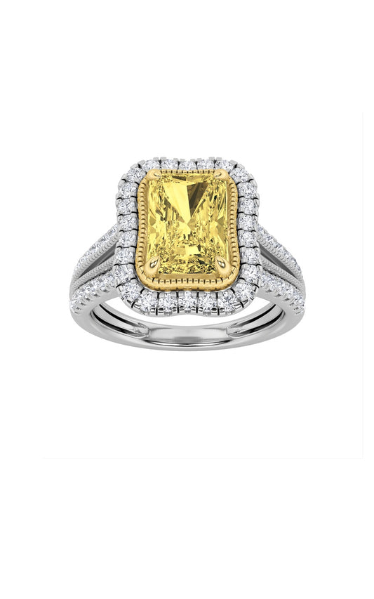 2.5Cttw Radiant Shaped Fancy Yellow Lab Grown Diamond (F/VS) Split Shank Halo Engagement Ring in 14KGold