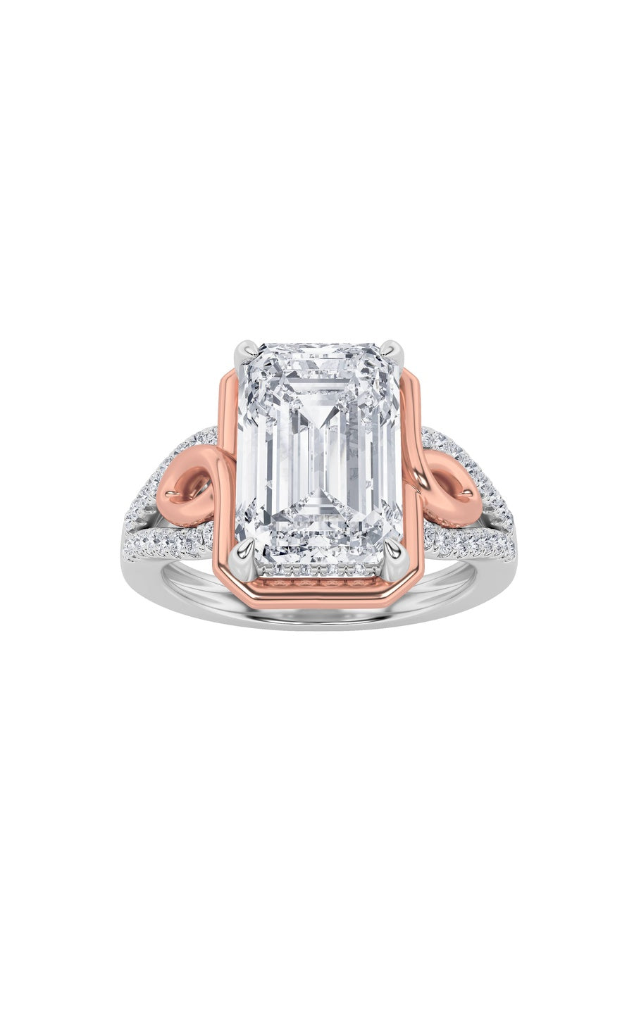 4.25Cttw Emerald Shaped Lab Grown Diamond (F/VS) Bold Accented Two Tone Engagement Ring in 14K Gold