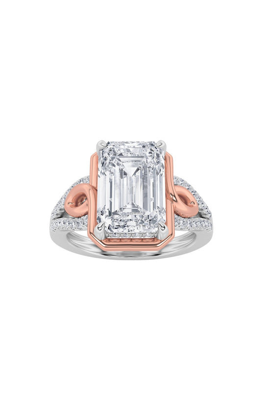 4.25Cttw Emerald Shaped Lab Grown Diamond (F/VS) Bold Accented Two Tone Engagement Ring in 14K Gold