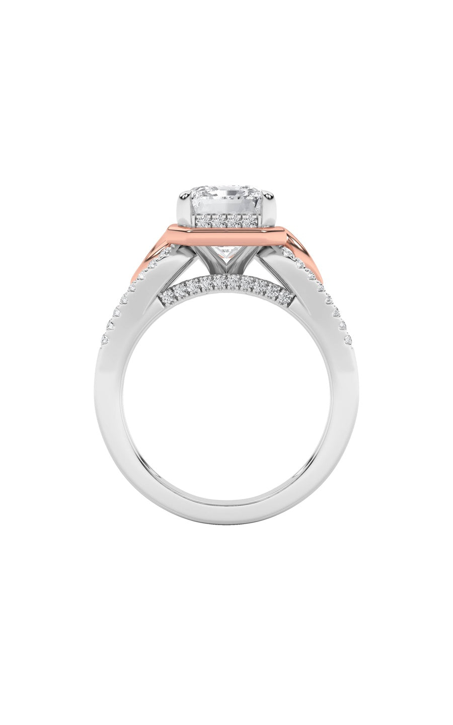 4.25Cttw Emerald Shaped Lab Grown Diamond (F/VS) Bold Accented Two Tone Engagement Ring in 14K Gold