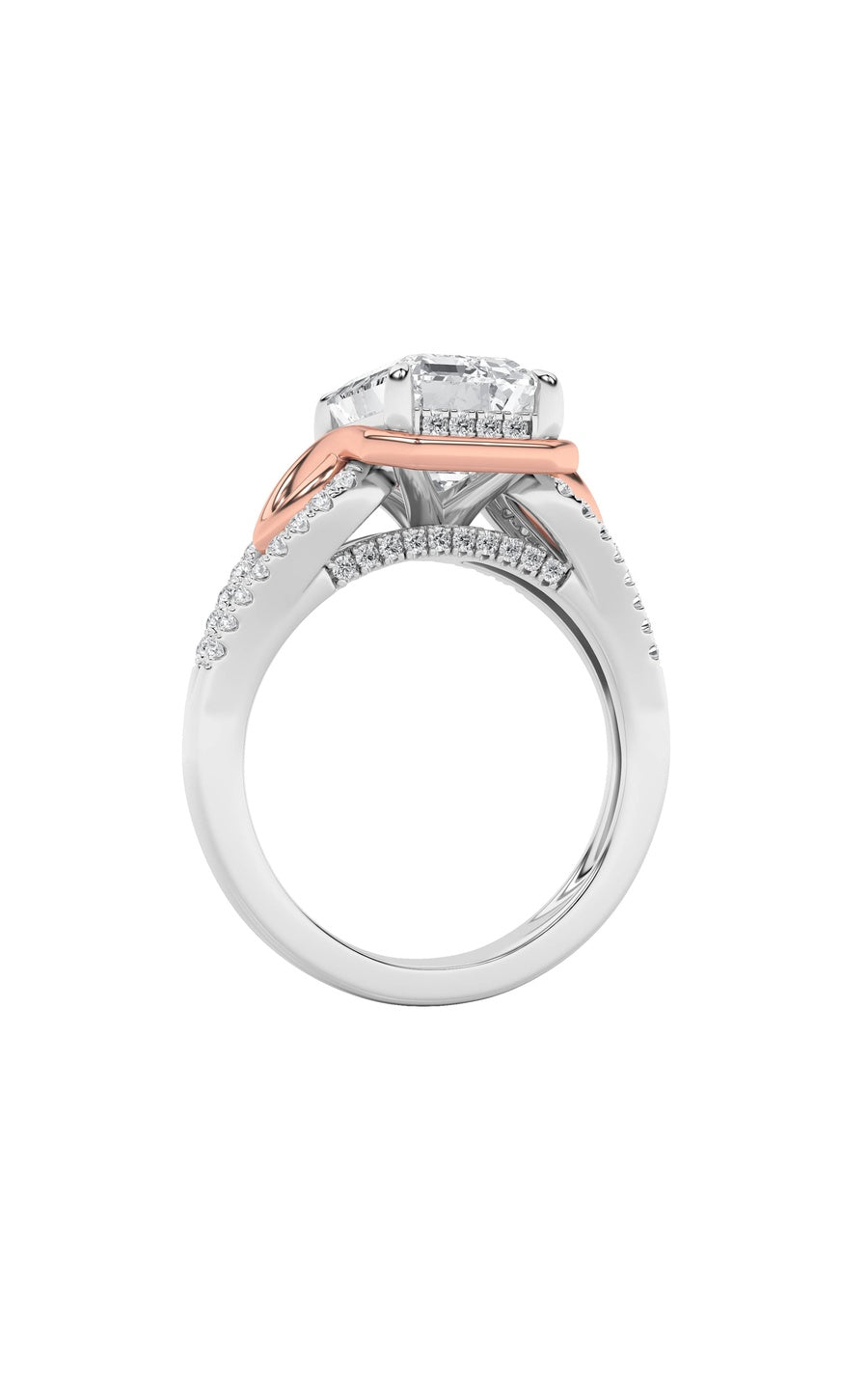 4.25Cttw Emerald Shaped Lab Grown Diamond (F/VS) Bold Accented Two Tone Engagement Ring in 14K Gold