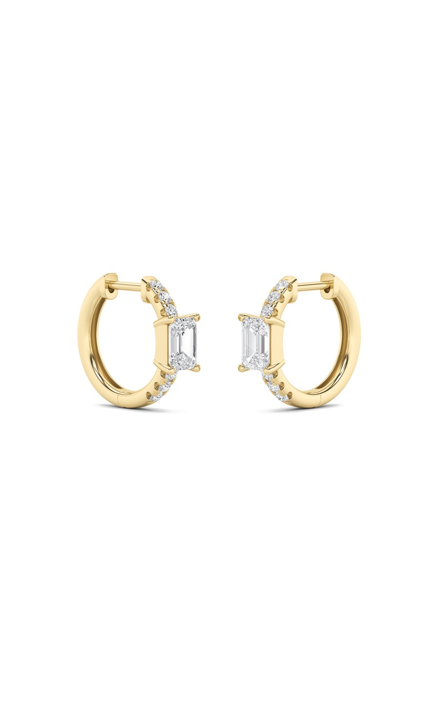 1.5Cttw Emerald Shaped Lab Grown Diamond (F/VS) Solitare Accent Huggie Earrings in 10K Gold