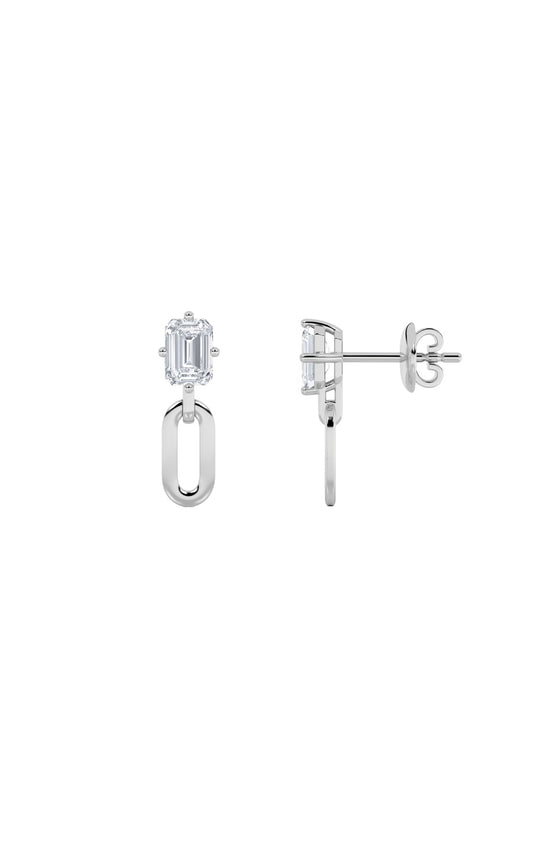 1CTW Emerald Shaped Lab Grown Diamond (F/VS) Paperclip Dangle Earrings in 14K White Gold