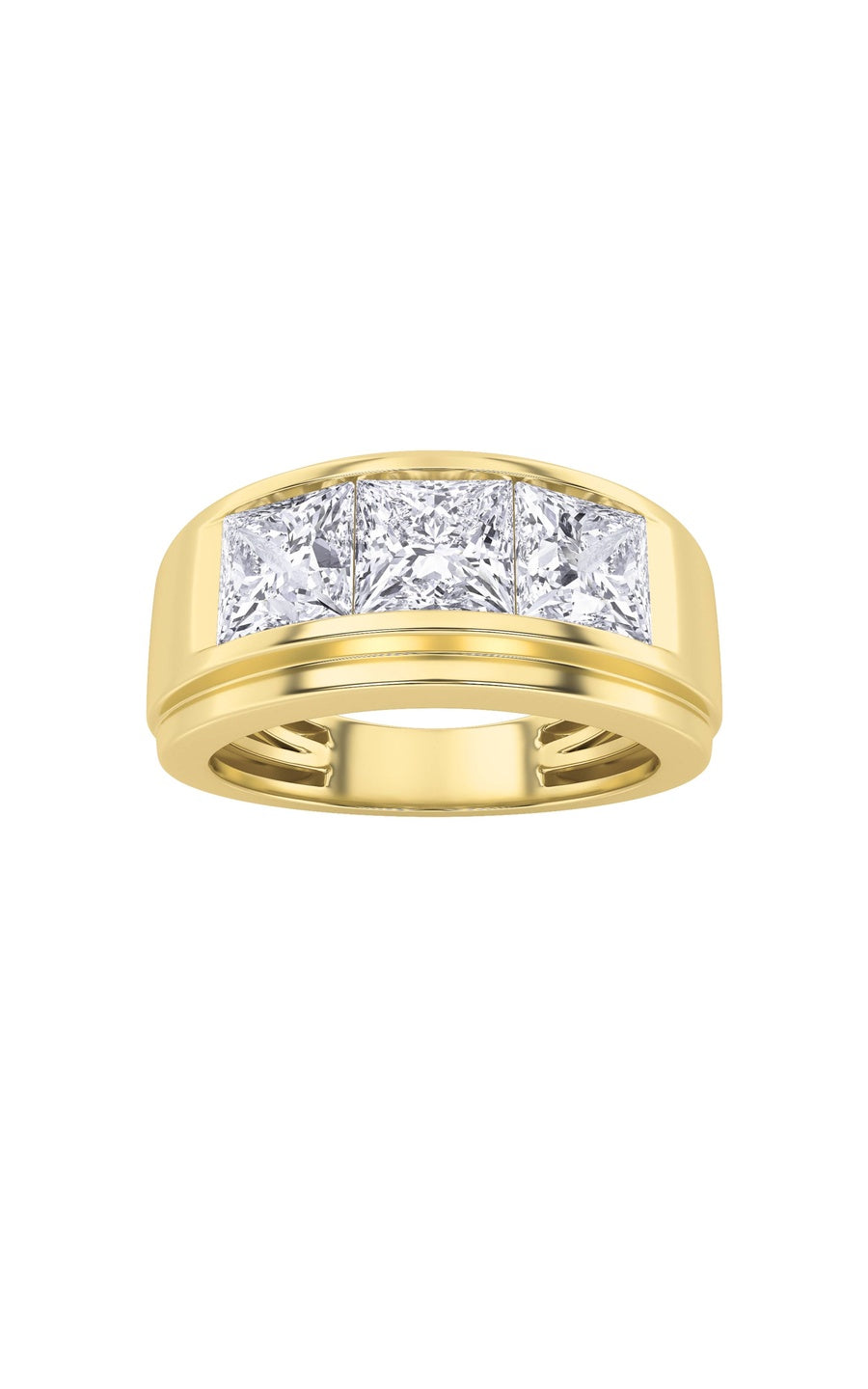 3Cttw Princess Shaped Lab Grown Diamond (F/VS) Three Stone Channel Set Mens Ring in 14K Gold