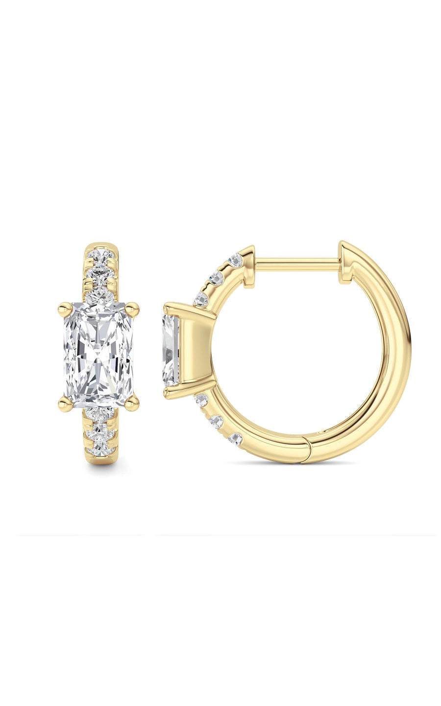 1.5CTW Radiant Shaped Lab Grown Diamond (G/VS) Solitare Accent Huggie Earrings in 14K Gold
