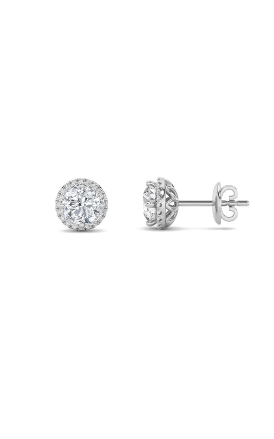 1Cttw Round Shaped Lab Grown Diamond (F/VS) Halo Stud Earrings in 14K Gold