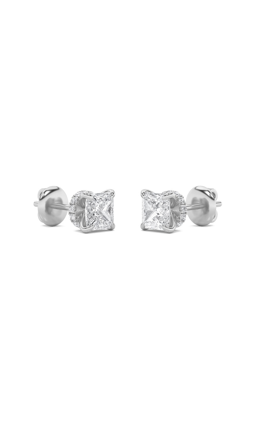 3Cttw Princess Shaped Lab Grown Diamond (F/VS) Hidden Halo Stud Earrings in 14K Gold