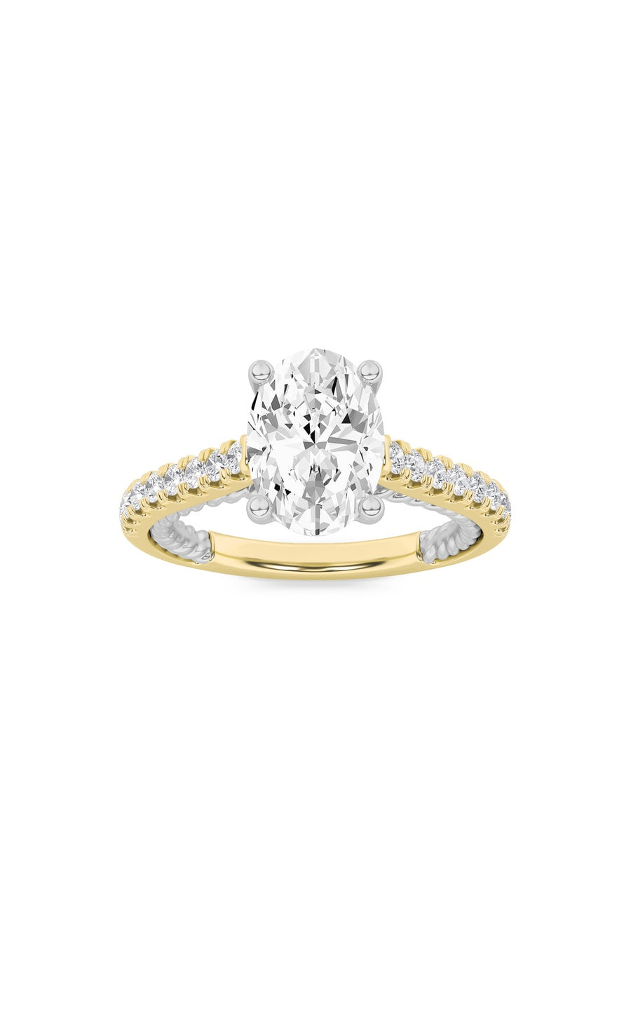 2Cttw Oval Shaped Lab Grown Diamond (F/VS) Two Tone Accented Rope Design Engagement Ring in 14K Gold