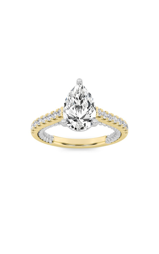 2Cttw Pear Shaped Lab Grown Diamond (F/VS) Two Tone Accented Rope Design Engagement Ring in 14K Gold