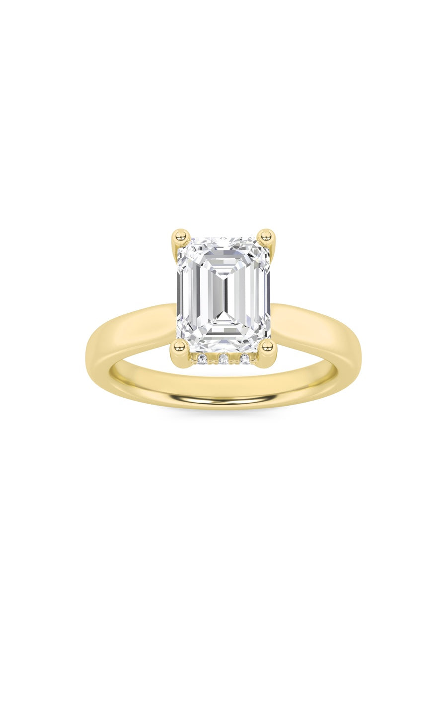 1Cttw Emerald Shaped Lab Grown Diamond (F/VS) Hidden Halo Cathedral Shank Engagement Ring in 14K Gold
