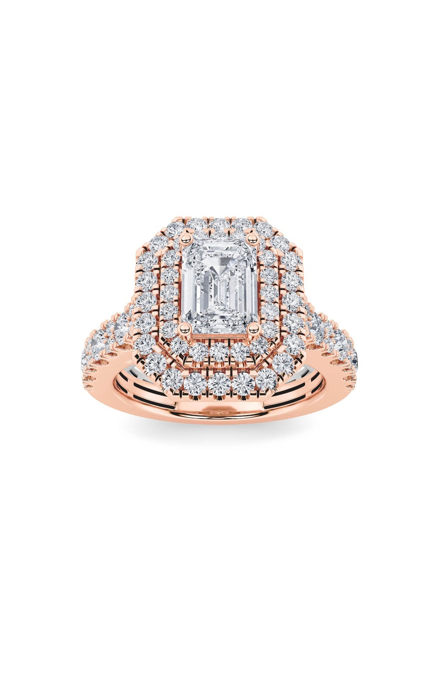 2Cttw Emerald Shaped Lab Grown Diamond (F/VS) Double Halo Engagement Ring in 14K Gold
