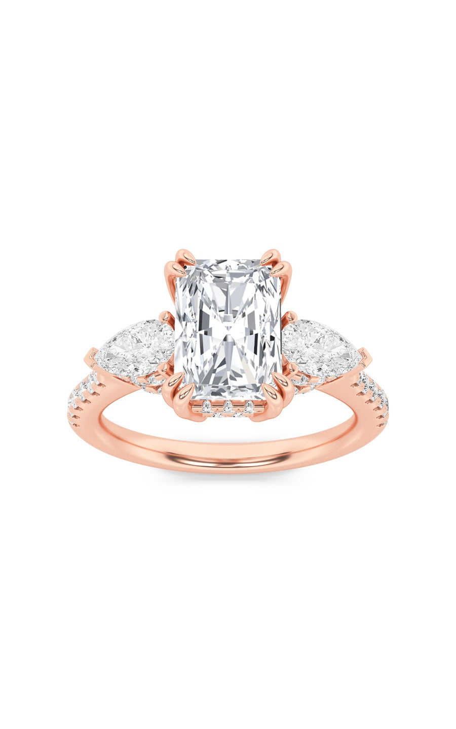 3Cttw Radiant Shaped Lab Grown Diamond (F/VS) Accented Three Stone Ring in 14K Gold