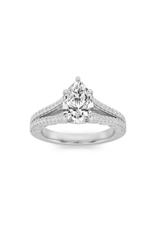 2CTW Pear Shaped Lab Grown Diamond (F/VS) Split Shank Accented Engagement Ring in 14K Gold