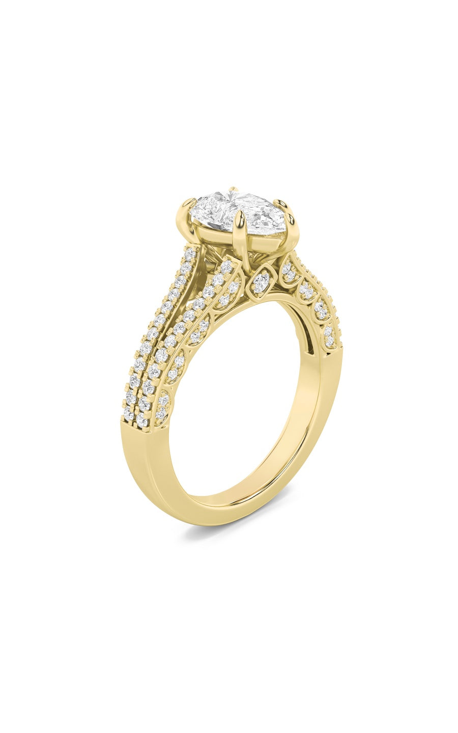 2CTW Pear Shaped Lab Grown Diamond (F/VS) Split Shank Accented Engagement Ring in 14K Gold
