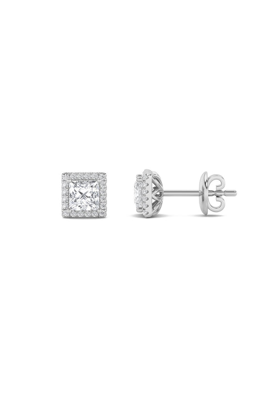 2Cttw Princess Shaped Lab Grown Diamond (F/VS) Halo Stud Earrings in 14K Gold