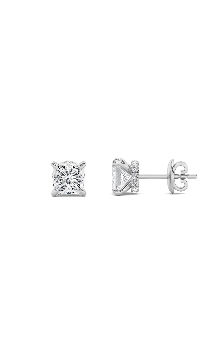 5Cttw Princess Shaped Lab Grown Diamond (F/VS) Hidden Halo Stud Earrings in 14K Gold