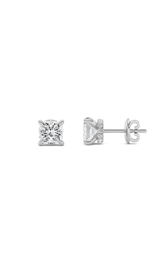5Cttw Princess Shaped Lab Grown Diamond (F/VS) Hidden Halo Stud Earrings in 14K Gold