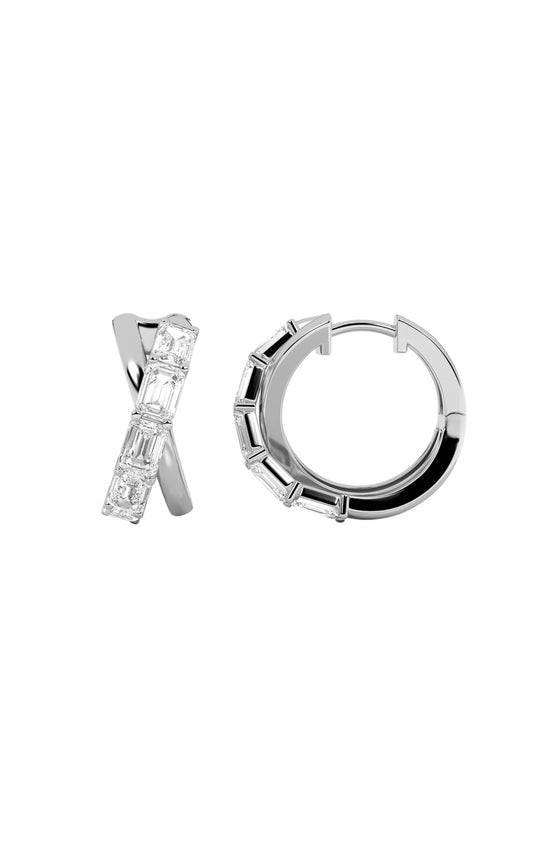 3Cttw Emerald Shaped Lab Grown Diamond (F/VS) Huggie Earrings in 14K Gold