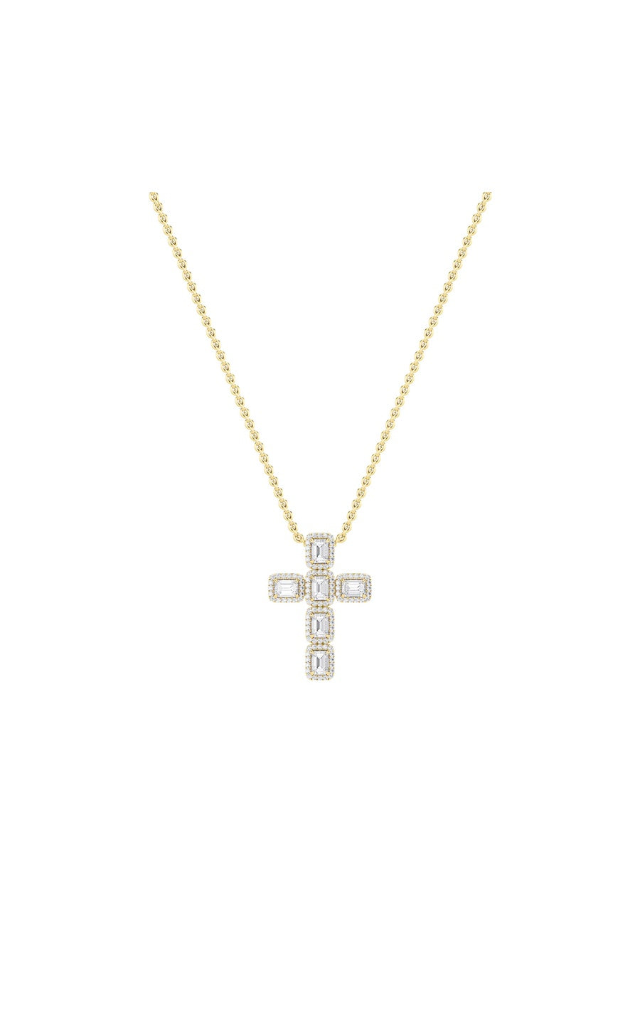 3Cttw Emerald Shaped Lab Grown Diamond (F/VS) Cross Pendant in 14K Gold