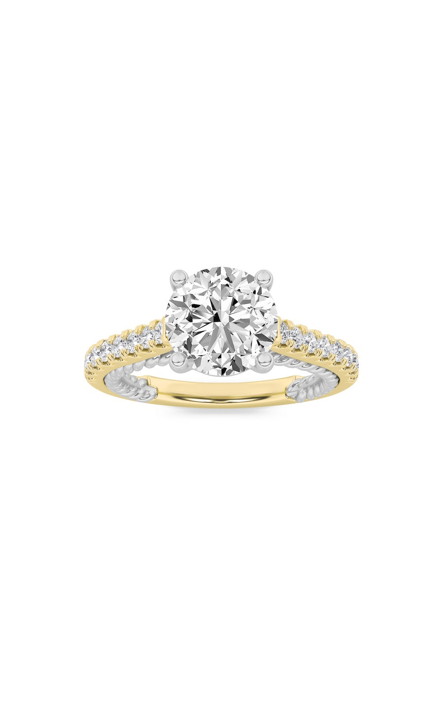 2Cttw Round Shaped Lab Grown Diamond (F/VS) Two Tone Accented Rope Design Engagement Ring in 14K Gold