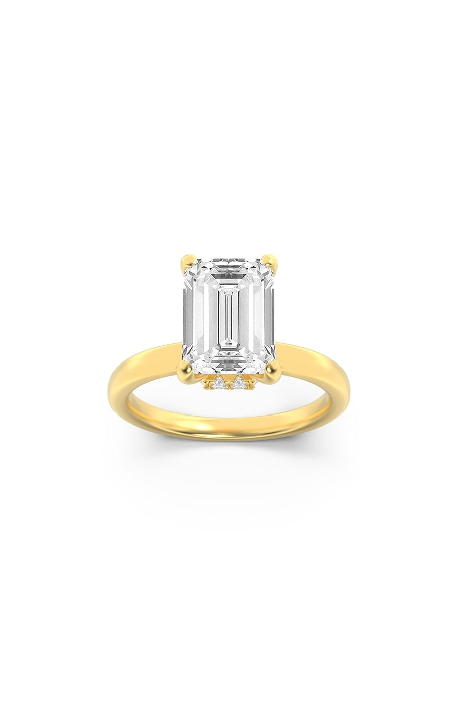 2Cttw Emerald Shaped Lab Grown Diamond (F/VS) Hidden Halo Plain Shank Engagement Ring in 14K Gold