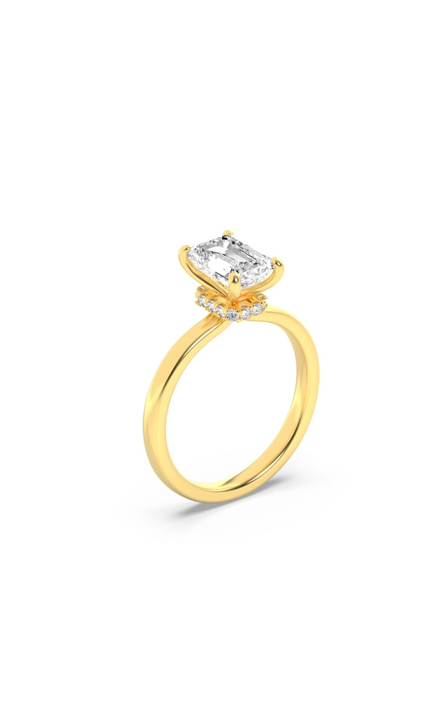 2Cttw Emerald Shaped Lab Grown Diamond (F/VS) Hidden Halo Plain Shank Engagement Ring in 14K Gold