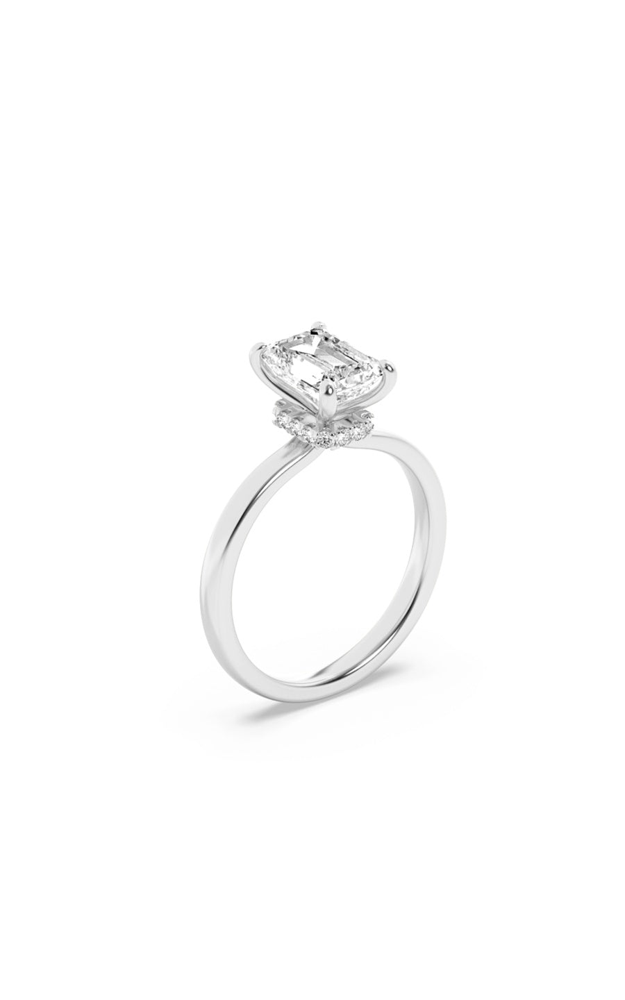 3Cttw Emerald Shaped Lab Grown Diamond (F/VS) Hidden Halo Plain Shank Engagement Ring in 14K Gold
