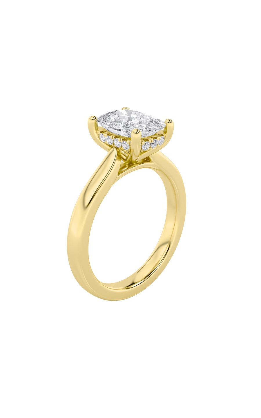 1Cttw Elongated Cushion Shaped Lab Grown Diamond (F/VS) Hidden Halo Cathedral Shank Engagement Ringin 14K Gold