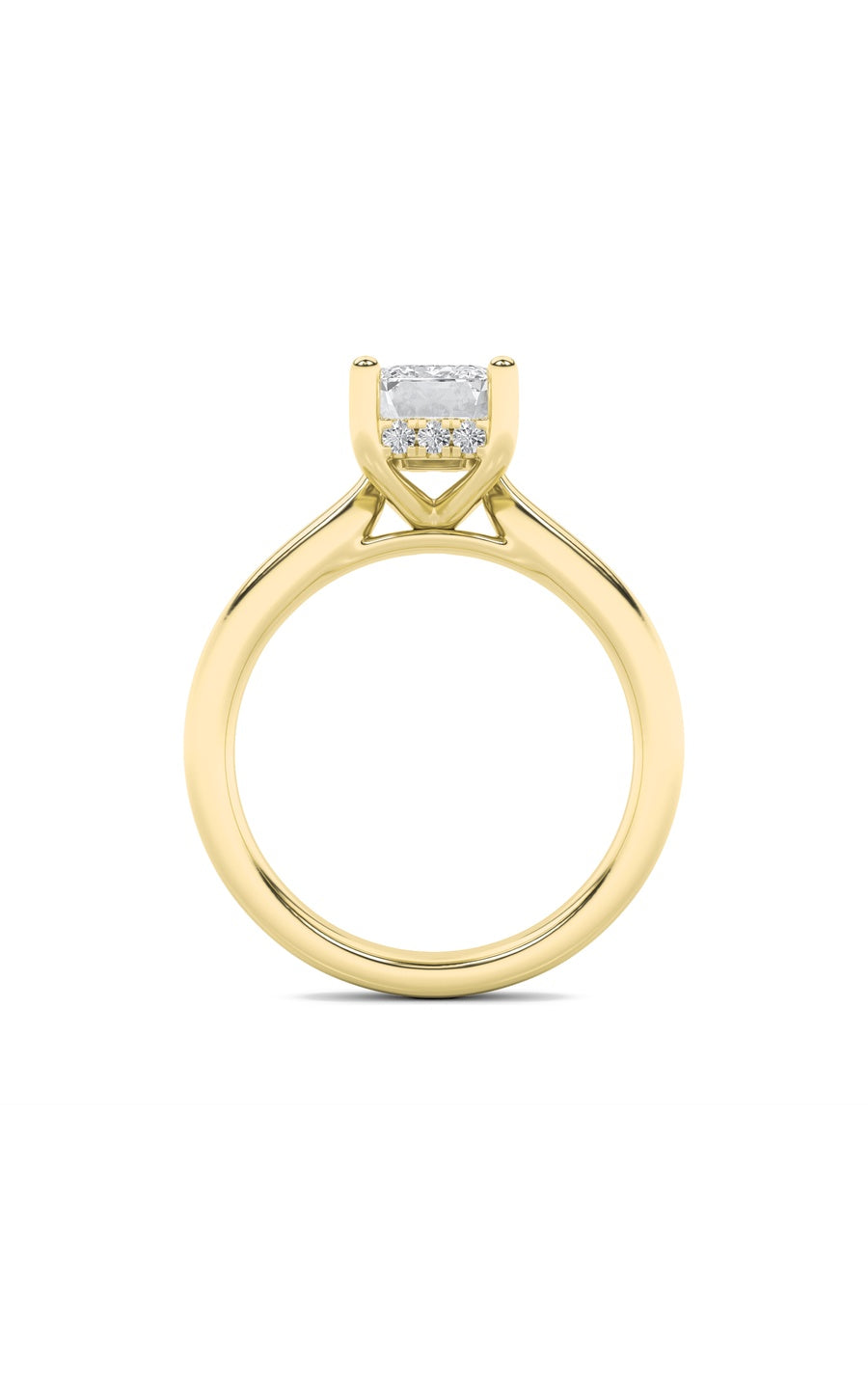 2Cttw Emerald Shaped Lab Grown Diamond (F/VS) Hidden Halo Cathedral Shank Engagement Ring in 14K Gold