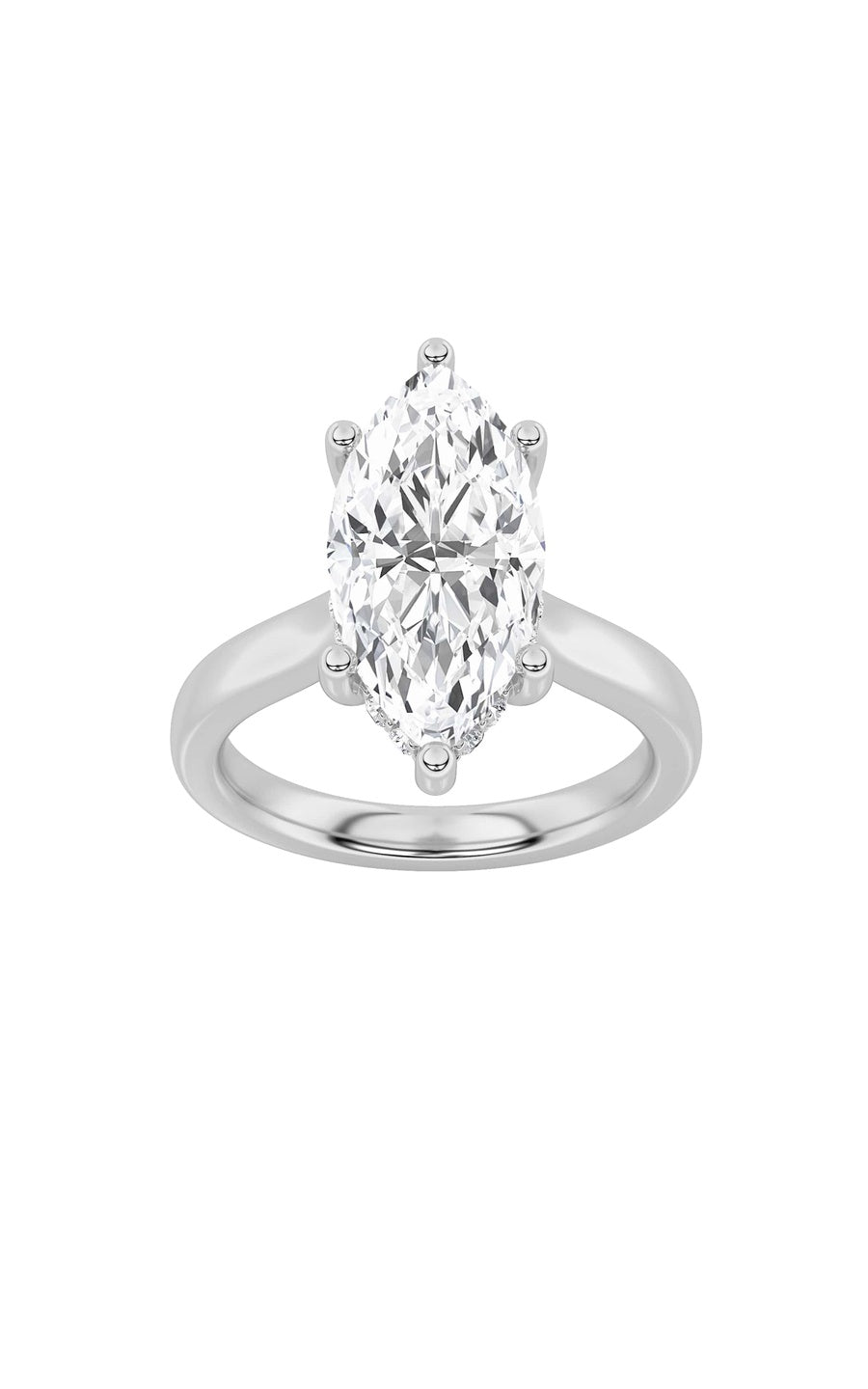 3Cttw Marquise Shaped Lab Grown Diamond (F/VS) Hidden Halo Cathedral Shank Engagement Ring in 14K Gold