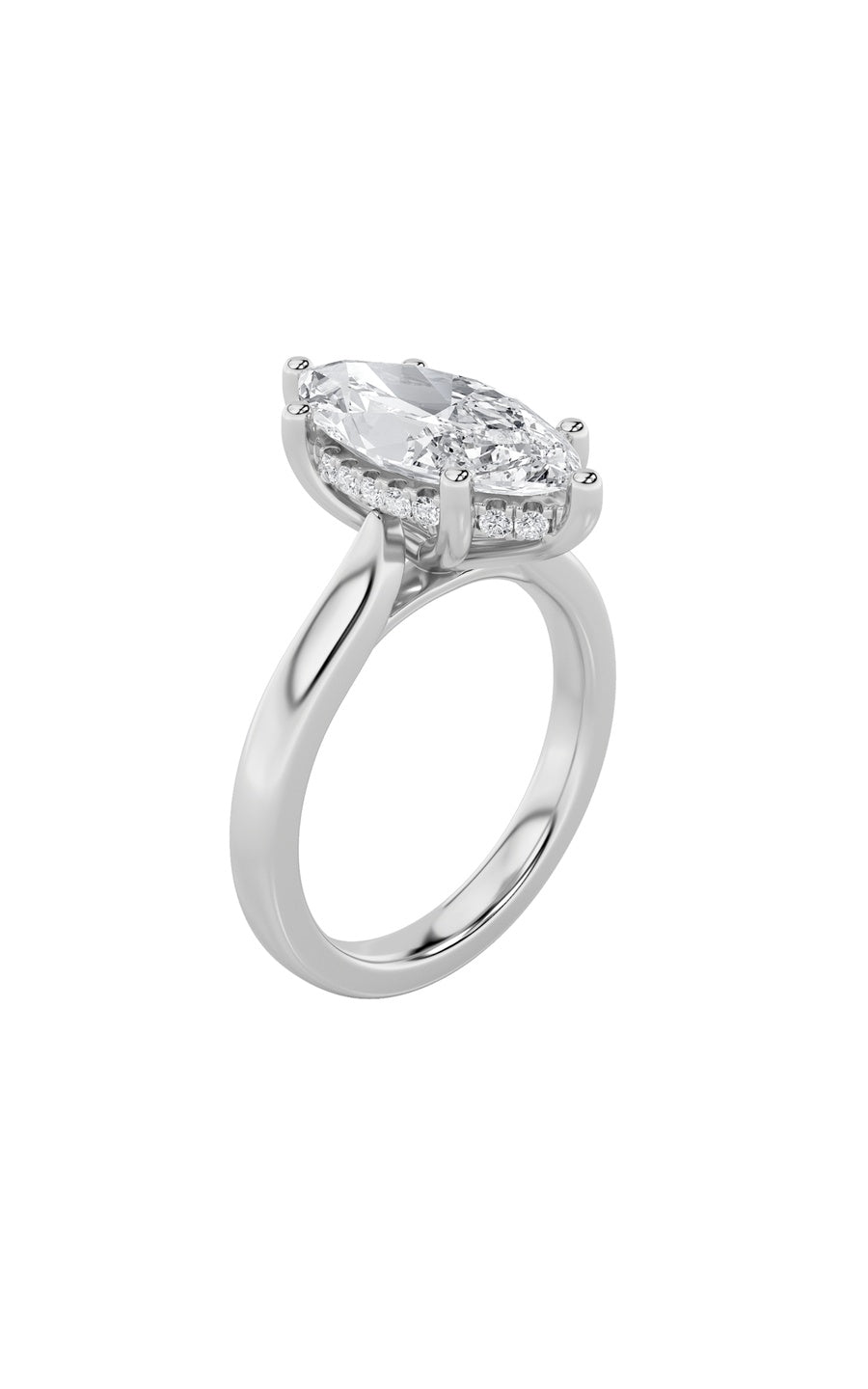 3Cttw Marquise Shaped Lab Grown Diamond (F/VS) Hidden Halo Cathedral Shank Engagement Ring in 14K Gold