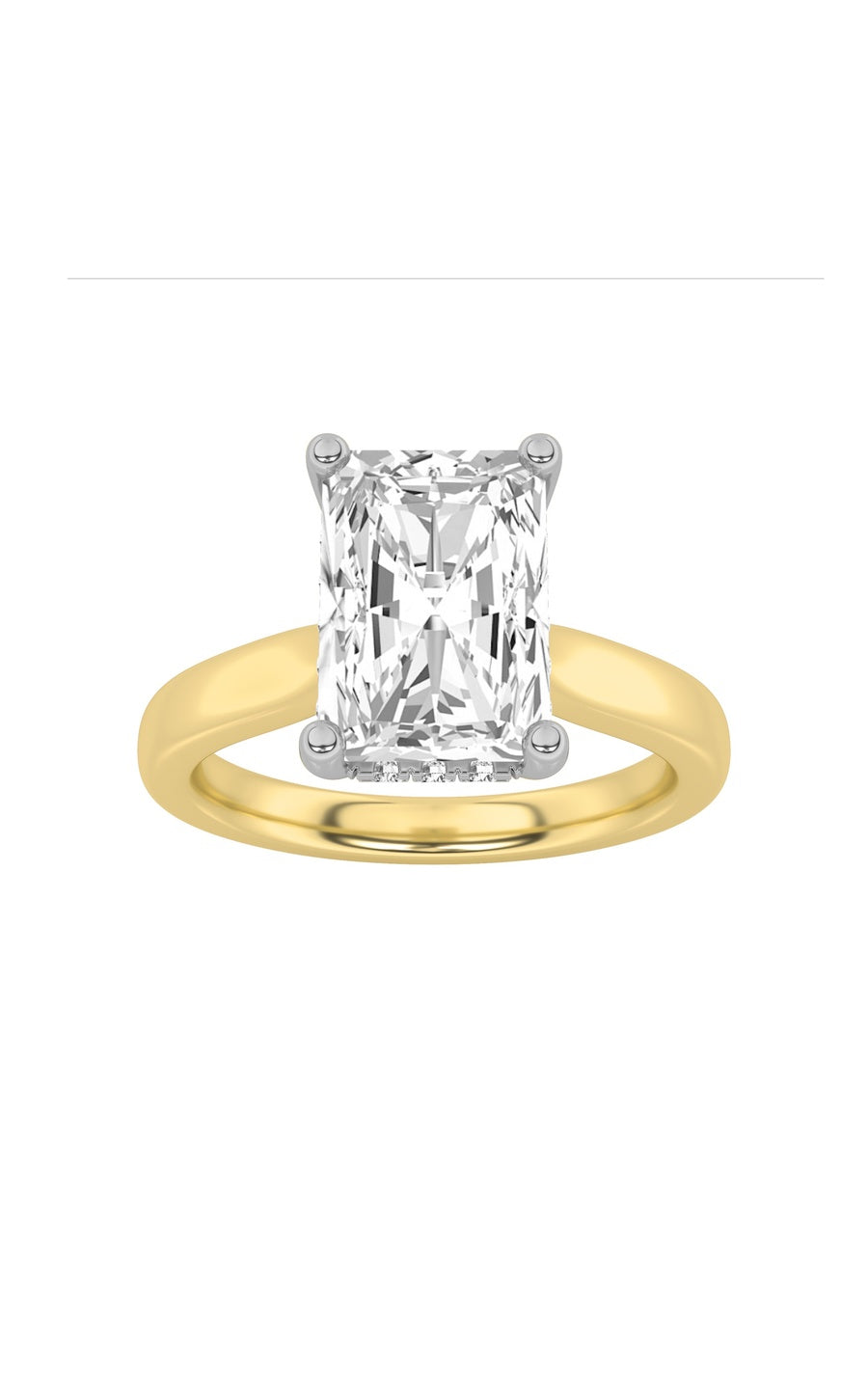 3Cttw Radiant Shaped Lab Grown Diamond (F/VVS) Hidden Halo Cathedral Shank Engagement Ring in 14K Gold