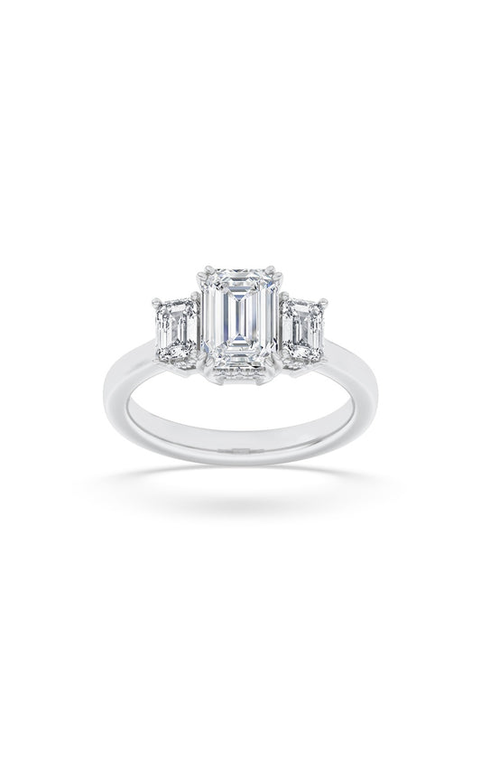3Cttw Emerald Shaped Lab Grown Diamond (F/VS) Three Stone Accented Ring in 14K Gold