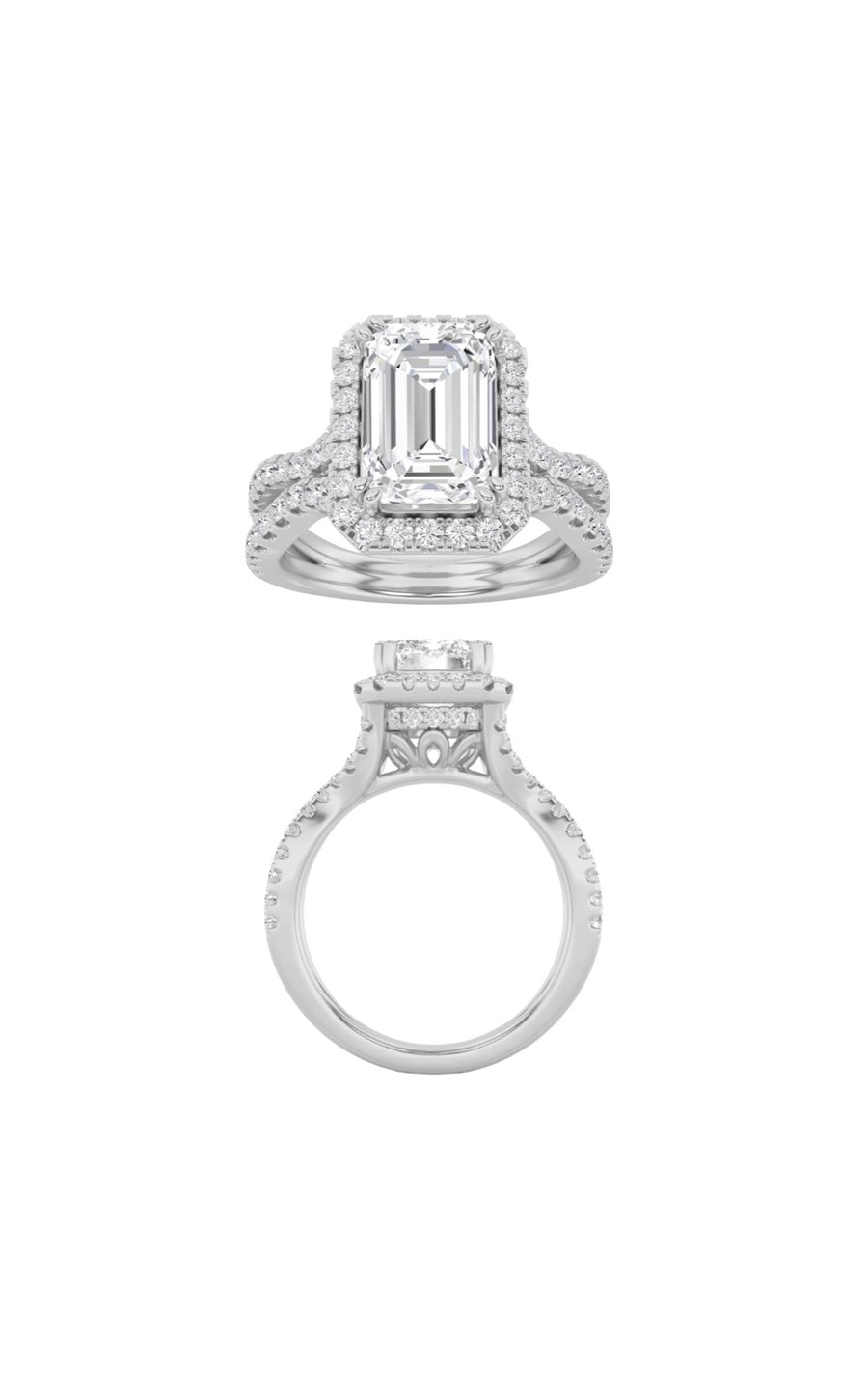 3Cttw Emerald Shaped Lab Grown Diamond (F/VS) Split shank Accented Ring in 14K Gold