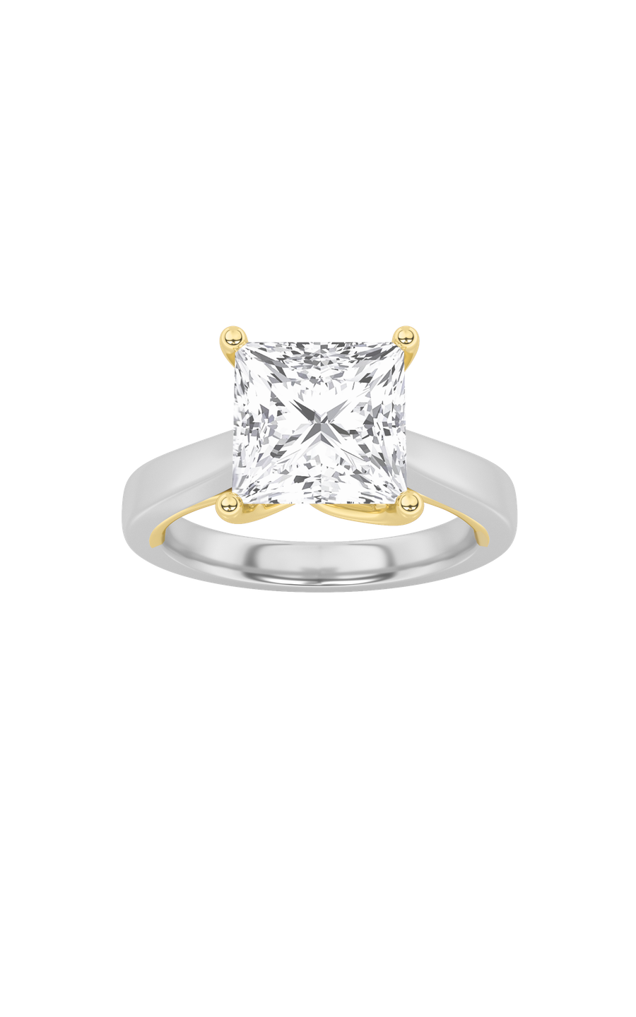 3CTW Princess Shaped Lab Grown Diamond (F/VS) Two Tone Twisted Basket Cathedral Shank Solitaire Ring in 14K Gold
