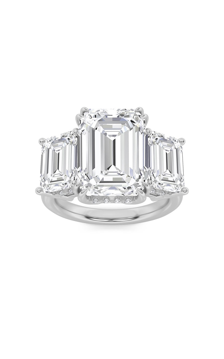 8.25Cttw Emerald Shaped Lab Grown Diamond (F/VS) Bold Three Stone Accented Ring in 14K Gold