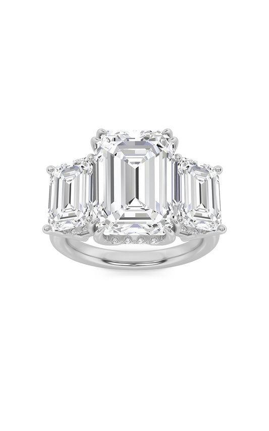8.25Cttw Emerald Shaped Lab Grown Diamond (F/VS) Bold Three Stone Accented Ring in 14K Gold
