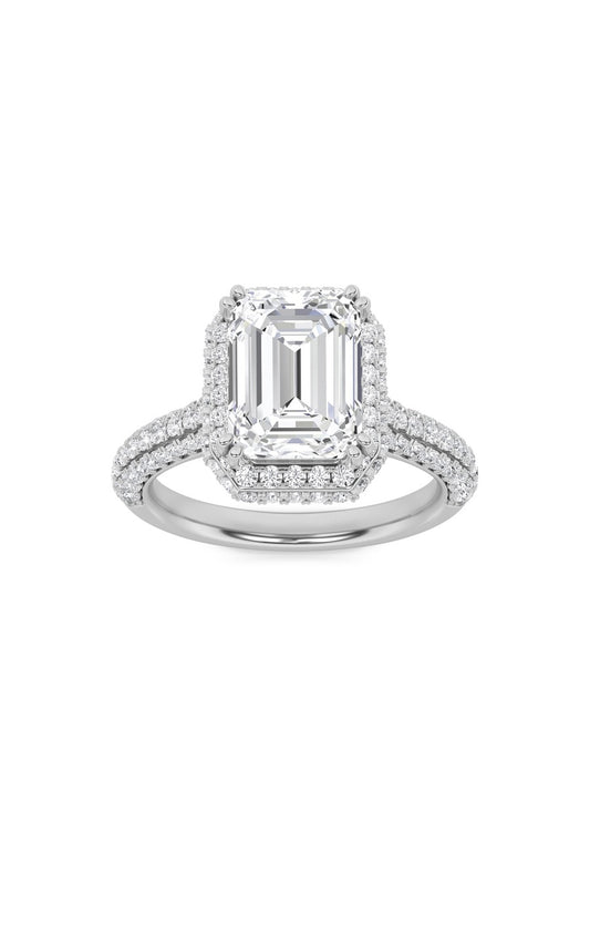 3Cttw Emerald Shaped Lab Grown Diamond (F/VS) HaloAccented Engagement Ring in 14K Gold