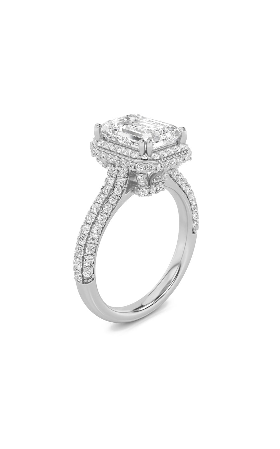3Cttw Emerald Shaped Lab Grown Diamond (F/VS) HaloAccented Engagement Ring in 14K Gold
