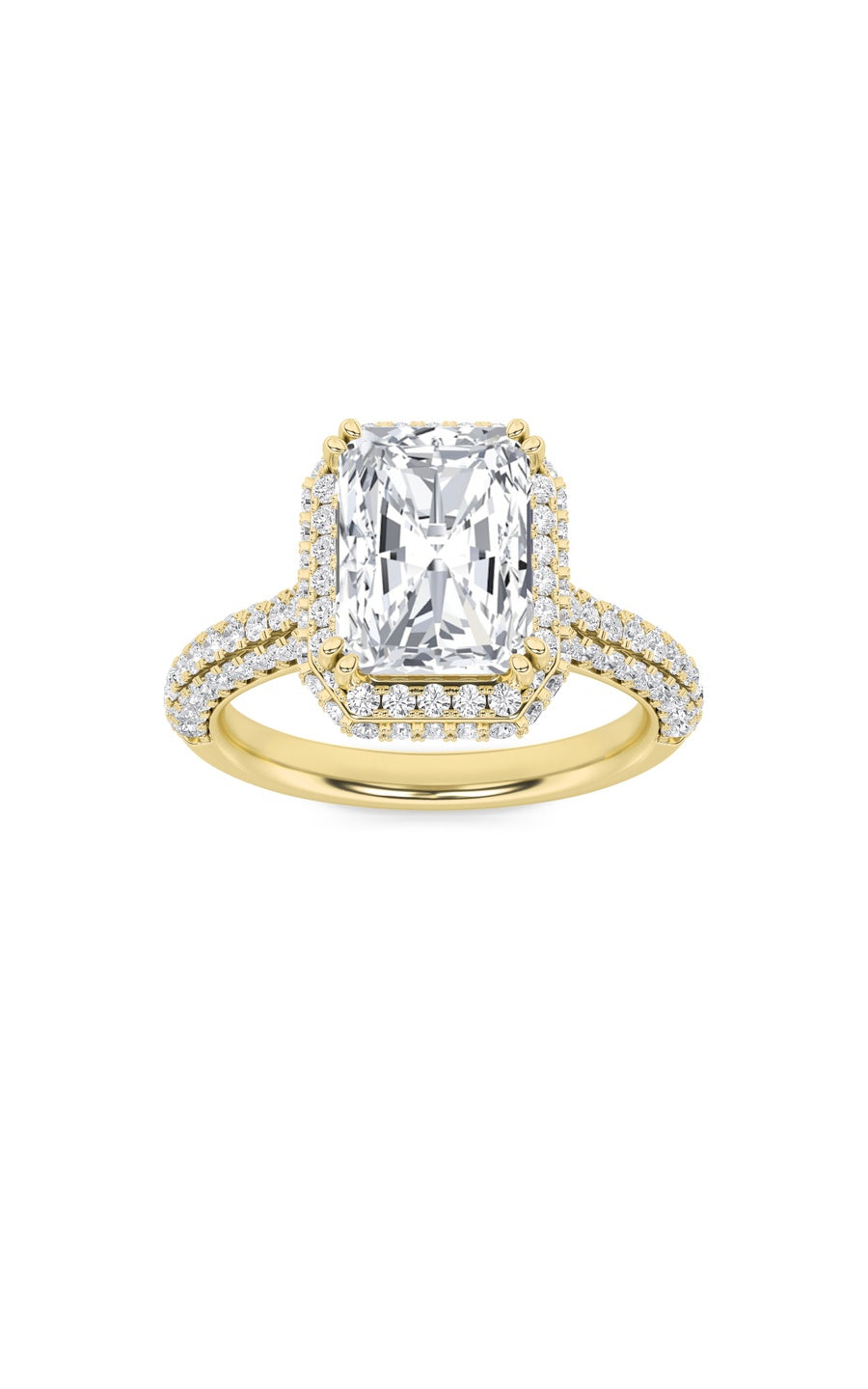 3Cttw Radiant Shaped Lab Grown Diamond (F/VS) HaloAccented Engagement Ring in 14K Gold