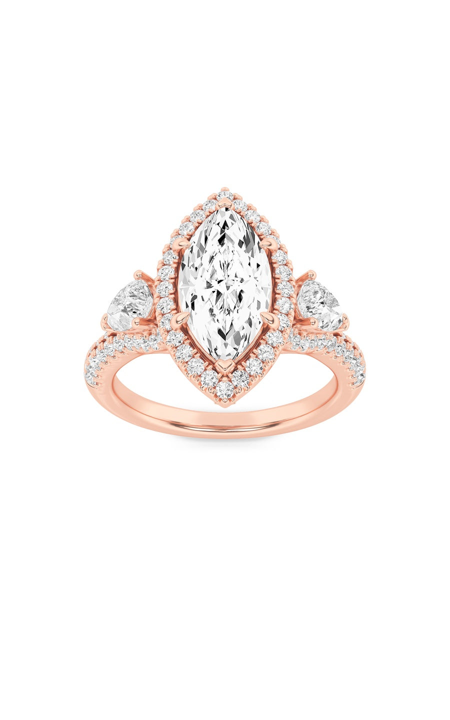 3Cttw Marquise Shaped Lab Grown Diamond (F/VS) Three Stone Bold Accented Engagement Ring in 14K Gold